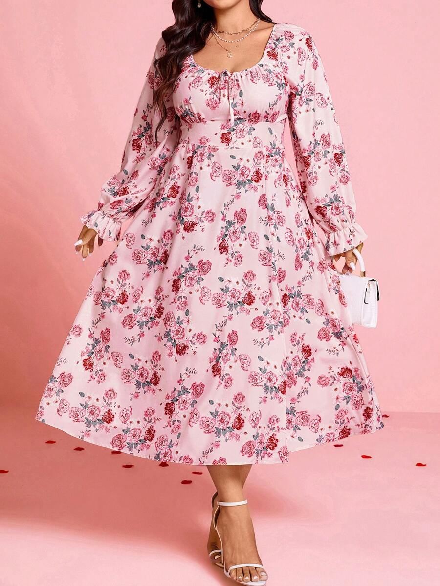 SHEIN Clasi Plus Size Women Valentine's Day Heart Neck Pink Rose Floral ...