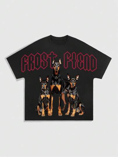 Street Life T-shirt décontracté à col rond à manches courtes avec imprimé lettre et chien pour hommes