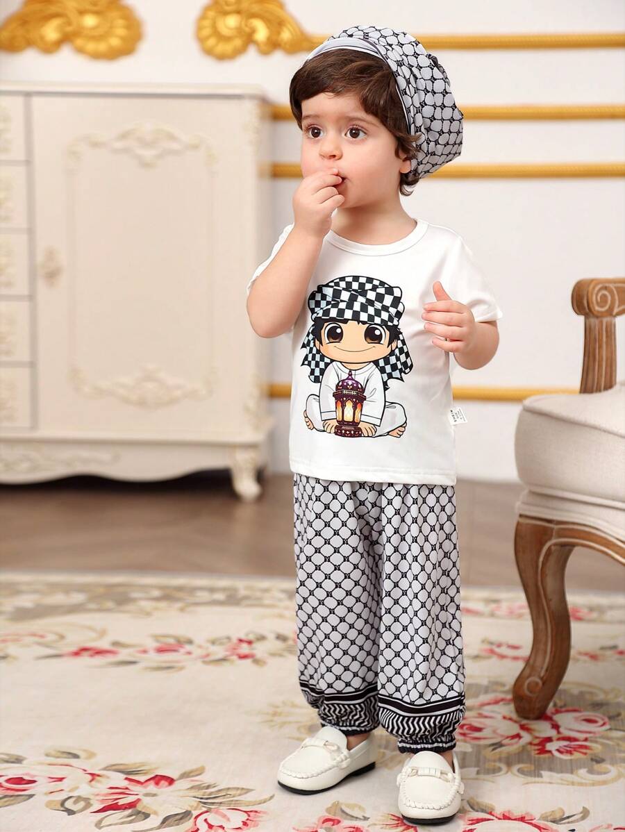 Baby Boy Crew Neck Short Sleeve Printed Casual Top And Pants Set - Multicolor - View 1