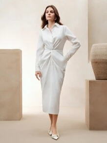 Anewsta Elaire 法国高端时尚腰部褶皱设计 V 领修身莱赛尔长款女士衬衫裙 Old Money - 白色 - 查看 6