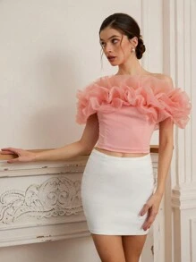 Chiquease Áo crop top hở vai Organza lãng mạn dành cho nữ, vải dệt kim, phù hợp cho mùa xuân/hè ngày lễ tình nhân - Hồng - Xem 6