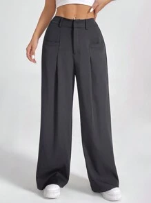 SHEIN PETITE Ladies' Solid Color Pleated Trousers