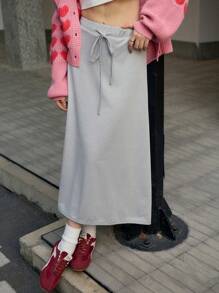 INAWLY Women Casual Solid Color Drawstring Waist Skirt, Autumn/Winter Fall Cloth For Women