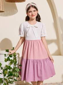 SHEIN Vestido de niña preadolescente de uso casual diario, fiesta y versátil con cuello redondo de manga corta y parches de unicolor