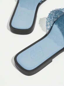 CUCCOO TILAWA New Women Outdoor Flat Sandals, Square Toe Rhinestone Silver Slippers, Casual Comfortable Party And Work Summer Shoes, Thick Sole Anti-Skid Slides Spring Shoes Spring Break Easter - Blue - View 5
