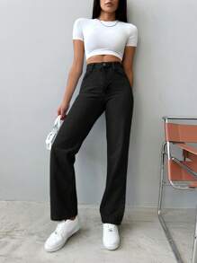 EURMUSE 100 % bomull Casual Jeans med hög midja med raka ben - Svart - Visa 5