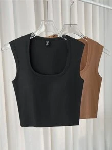 SHEIN LUNE 2pcs Plus Size Women Square Neck Ribbed Casual Versatile Camisole