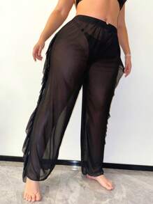 Slaydiva Summer Plus Size Black New Year's Queue Fringe Trim Design Cover Up - Black - View 4