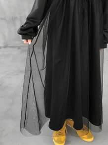 FRIFUL Women's Black Solid Color Waist Cinching Dress With Mesh Splice, Spring,Casual Women Dresses