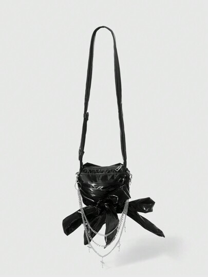 Goth Solid Color Bow-Decor Shoulder Bag, Suitable For Daily Commute & Travel