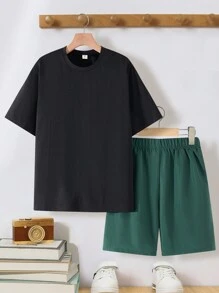 SHEIN Leap Crew 2 Stücke/Set Teenager Jungen Lässig Kurzarm T-Shirt und Shorts Set, Straßen Punk Rock Schul-Stil Outfit für den täglichen Gebrauch, Party, Musikfestival, passend für Frühling/Sommer - Verschiedenfarbig - Übersicht 2