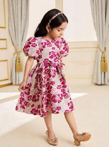 Vestido mini de cuello redondo con mangas abullonadas y estampado floral para niña joven