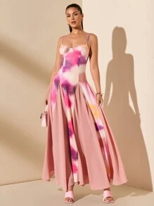 SHEIN BAE Vestido con estampado de degradado multicolor de gris y azul, con dobladillo sobredimensionado, adecuado para citas románticas, fiestas y reuniones. Atuendo de verano para mujer/Ropa de primavera/Atuendo del Día de San Valentín/Carnaval/Atuendos de vacaciones en la playa - Multicolor - Ver 4