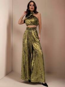 SHEIN Privé Set de 2 piezas con top sin mangas de cuello alto con lentejuelas doradas y pantalones de pierna ancha, atuendo lujoso para ir al trabajo o de vacaciones, ideal para el Día de San Valentín - Dorado - Ver 3