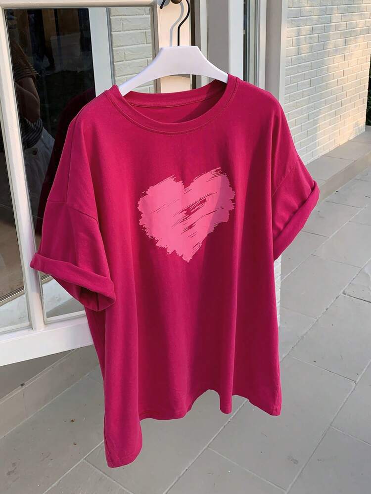 Women's Heart Print Loose Round Neck Casual Short Sleeve T-Shirt,Graphic Tees