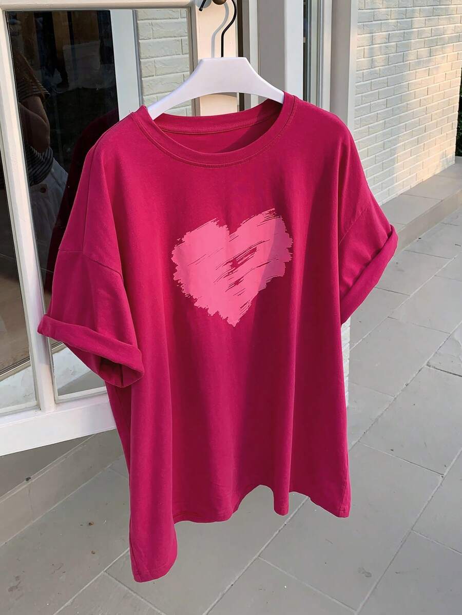 DAZY 女式心形印花宽松圆领休闲短袖 T 恤，图案 T 恤 - 粉色 - 查看 1