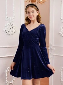 SHEIN Leap Crew 优雅复古水钻心形天鹅绒长袖派对礼服，适合少女，迷人、奢华、褶皱、贴身、鸡尾酒会礼服、针织、优雅、派对、礼服，适合约会、聚会、生日、派对、新年、情人节