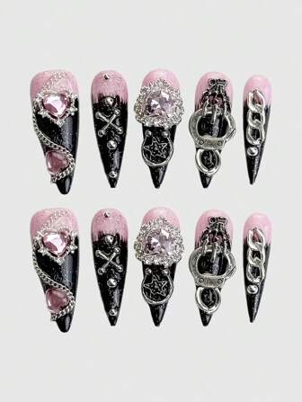 Anime 10 pezzi di unghie finte a forma di cuore con catenella stile Y2K grunge e 1 rotolo di nastro per unghie, adatto per San Valentino