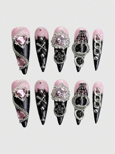 Anime 10 pezzi di unghie finte a forma di cuore con catenella stile Y2K grunge e 1 rotolo di nastro per unghie, adatto per San Valentino