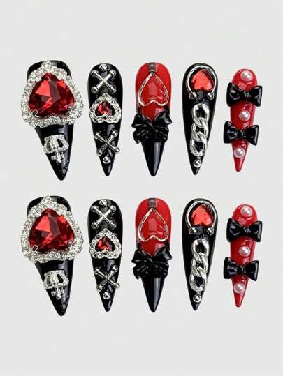 Anime 10 pezzi di unghie finte con catena di corone a cuore in stile Y2K baddie, farfalle, con 1 pezzo di nastro per unghie