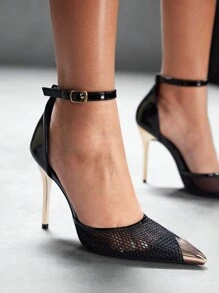 CUCCOO SZL Women Sexy Fashion Pointed Toe Metal Buckle Black Breathable Mesh Strap Buckle Ladies Thin High Heel Hollow Out Pumps Spring Shoes Spring Break Easter For Christmas - Black - View 7