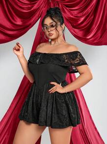 SHEIN ICON Plus Size Black Off Shoulder Ruffle Waisted Jumpsuit With Bowknot Decor, Date Night Off Shoulder Jumpsuit - Black - View 3