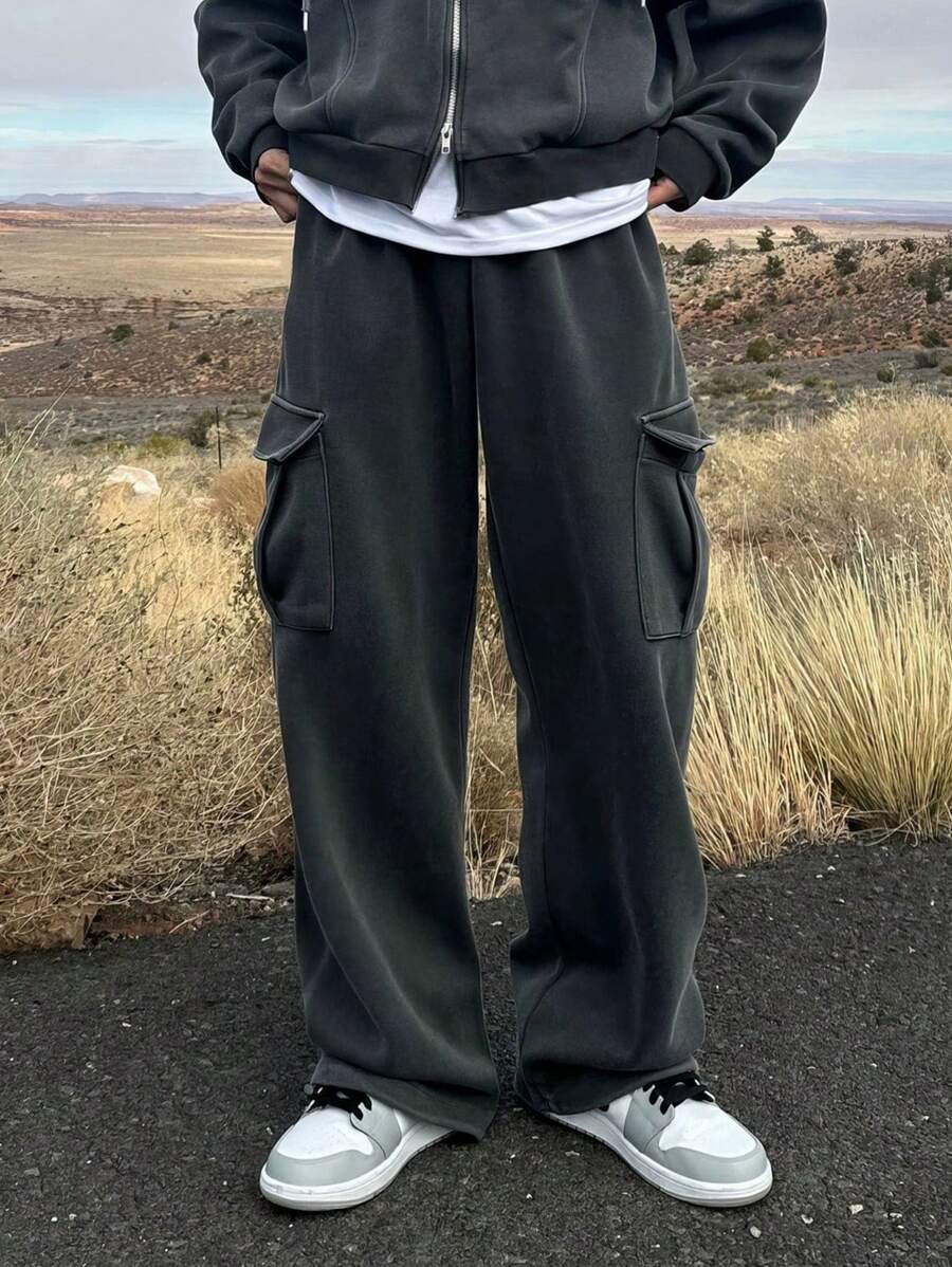 Men's Casual Versatile Solid Color Cargo Pants - Dark Grey - View 1