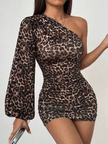 Flirla Petite Women's Leopard Print One-Shoulder Lantern Sleeve Ruched Bodycon Dress Fall Cloth For Women - Multicolor - View 1