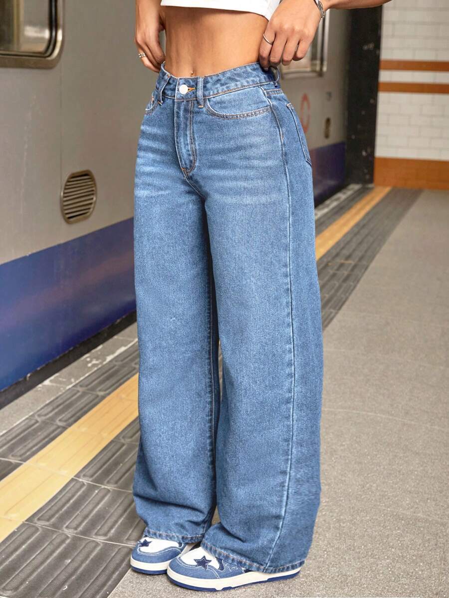 SHEIN PETITE 女士口袋宽松阔腿休闲牛仔裤 - 淺色水洗藍 - 查看 1