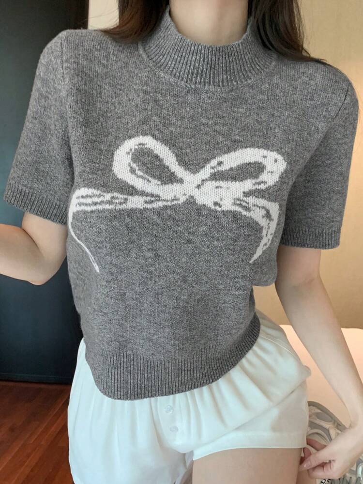 Bow Detail Jacquard Valentine's Day Puff Sleeve Cute Short Sleeve Sweater For Women