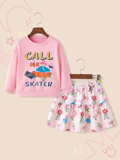 2 件套年轻女孩圆领长袖上衣和裙子