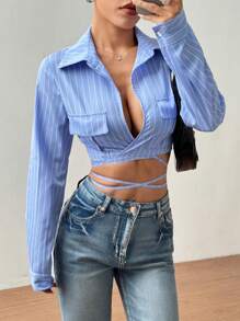 Flirla Women's Tie Up Crop Shirt, Casual Minimalist Style For Everyday Wear