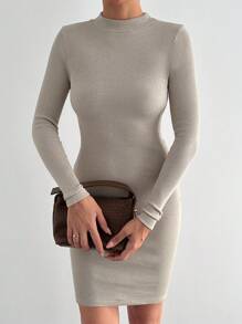 Cottnline Casual Solid Color Bodycon Long Sleeve Dress - Beige - View 1