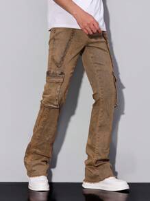 Manfinity Homme Quần Jeans Denim Túi Cargo Thường Ngày Cho Nam - Màu vàng - Xem 3