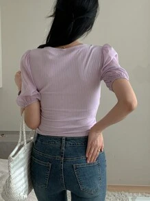 DAZY Damen Lanternärmel Figurbetontes Kurz-T-Shirt - Mauve - Übersicht 5