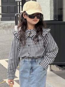 Dazy Kids 青少年女孩正面纽扣长袖格子休闲衬衫 - 黑與白 - 查看 4