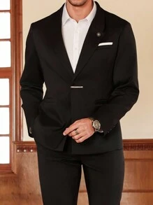 Manfinity Bizformal Conjunto de traje casual de negocios de hombre versátil para ir y venir con hebilla detallada en la parte delantera. Conjunto de traje negro elegante y de alta relación calidad-precio. Conjunto de dos piezas para hombre, ropa de otoño e invierno para hombres