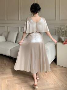 DAZY Elegant Solid Color V-Neck Mid-Length Dress For Wedding Guests, Summer Elegant Sundress,Formal Women Dresses - Apricot - View 2