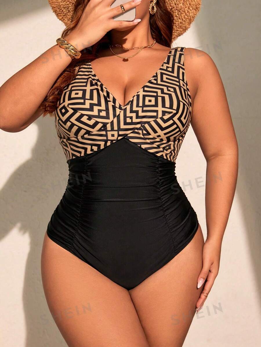 Swim Lushoire Costum de baie dintr-o bucată cu imprimeu geometric în contrast, pentru vacanța de vară la plajă