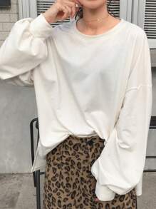 FRIFUL Camiseta básica larga de manga larga con cuello redondo, bajo dividido y corte oversize en color blanco, para primavera