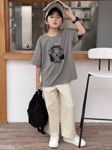 DAZY 2pcs Tween Boys Set: Letter Print Round Neck Drop Shoulder Tee And Pants,Back To School Clothes