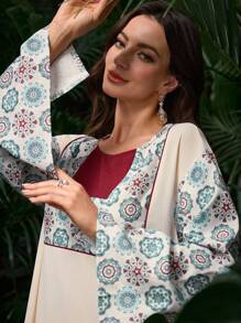 Al Najma Arabic New Spring/Summer Dubai Trumpet Sleeve Loose Long Dress, Pullover Round Neck Printed Dress, Kaftan & Jalabiya