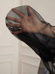 Aveloria Rosie Women's Romantic French Style Organza Sheer Sexy Tied Bow Puff Sleeve Blouse Top, Spring/Summer Fashion Fall Cloth For Women - Black - View 8