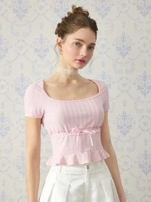 SHEIN MOD Pink Short-Sleeved Cute T-Shirt With Drawstring On The Front, Cute T-Shirt, Valentine's Day T-Shirt, Going Out T-Shirt, Summer T-Shirt