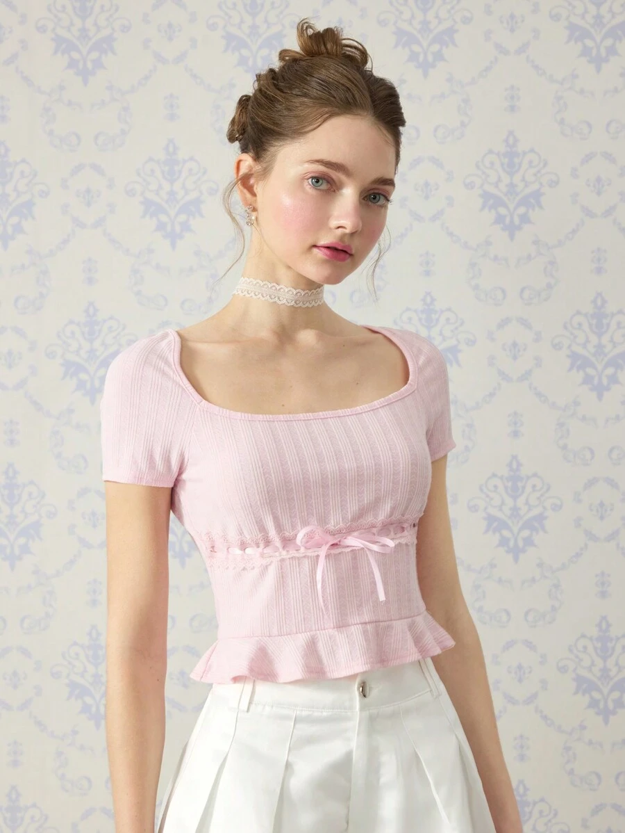 SHEIN MOD Pink Short-Sleeved Cute T-Shirt With Drawstring On The Front, Cute T-Shirt, Valentine's Day T-Shirt, Going Out T-Shirt, Summer T-Shirt