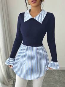 Elenzga 女士条纹领长袖针织混纺衬衫