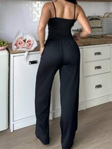 Lace Trim Sweet Women Pajama Set - Black - View 3