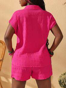 Slaydiva New Casual Resort Loose Textured Women Plus Shirt With Button Front And Knotted Shorts Set, Summer - Hot Pink - View 2