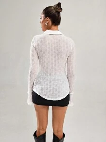 SHEIN BAE Women Casual Plain Textured Long Sleeve Blouse - White - View 2