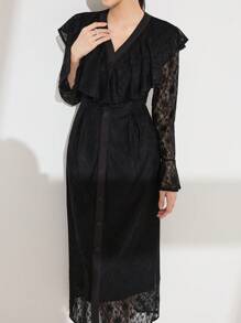 Modelyn Women's Elegant Lace V-Neck Patchwork Ruffle Flare Sleeve Waisted A-Line Long Dress - Black - View 5